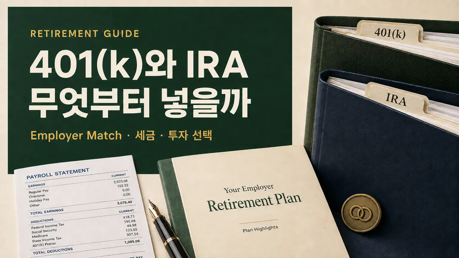 미국 401(k)와 IRA 차이와 불입 우선순위를 Payroll Statement와 은퇴계좌 폴더로 표현한 기사형 이미지