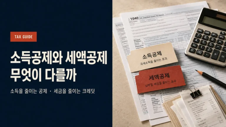 미국 Tax Deduction과 Tax Credit 차이를 소득공제·세액공제 서류와 계산기로 표현한 기사형 이미지