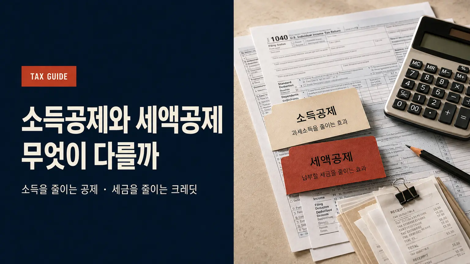 미국 Tax Deduction과 Tax Credit 차이를 소득공제·세액공제 서류와 계산기로 표현한 기사형 이미지