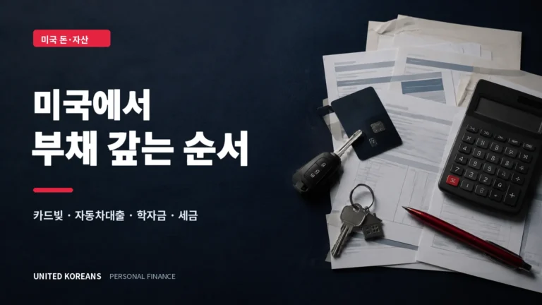 미국에서 카드빚·자동차대출·학자금·세금 등 부채를 갚는 순서를 설명하는 기사형 이미지