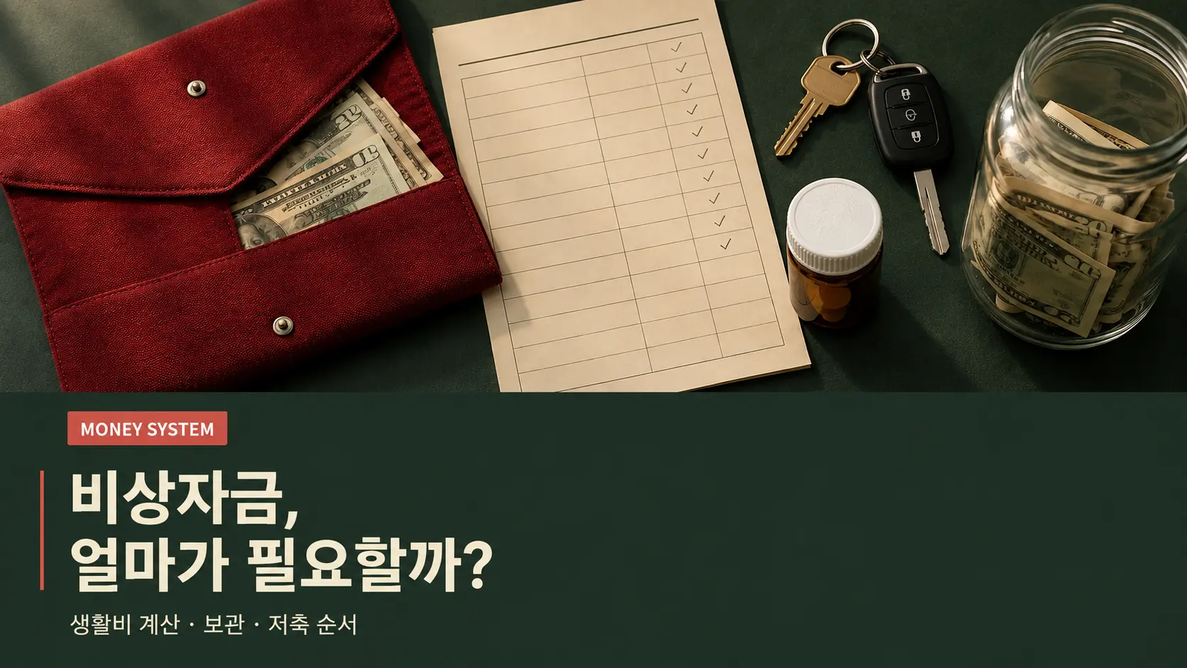 현금 봉투와 예산표, 자동차 열쇠, 약병으로 표현한 미국 비상자금 계산·보관·저축 순서