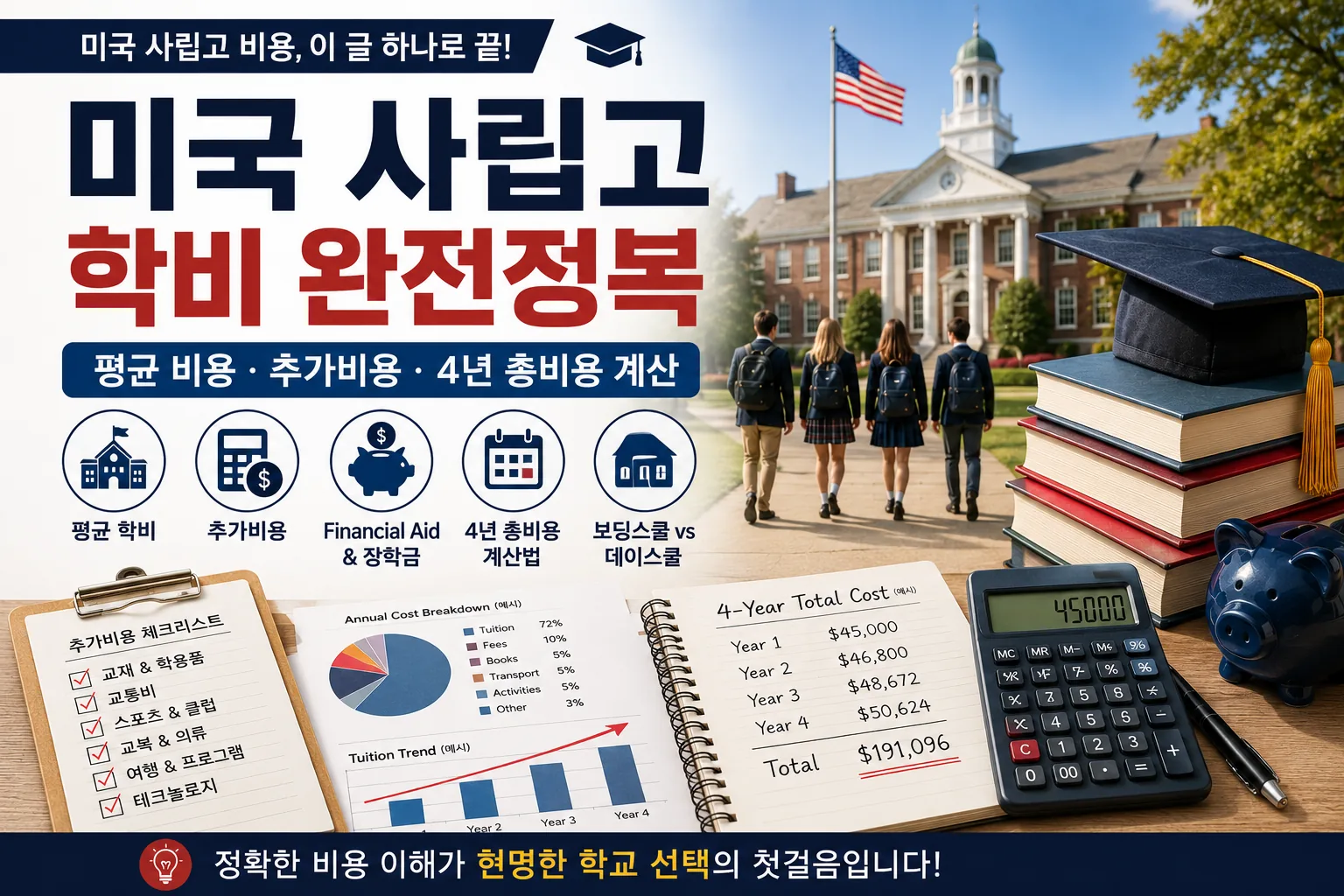 미국 사립고 학비 완전정복 - 평균 비용, 추가비용, Financial Aid와 4년 총비용 계산