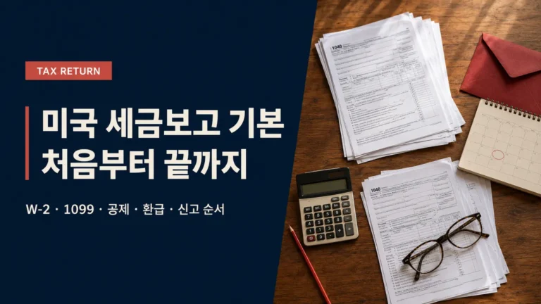 미국 세금보고 준비서류와 신고 순서를 보여주는 세금서류·계산기·달력