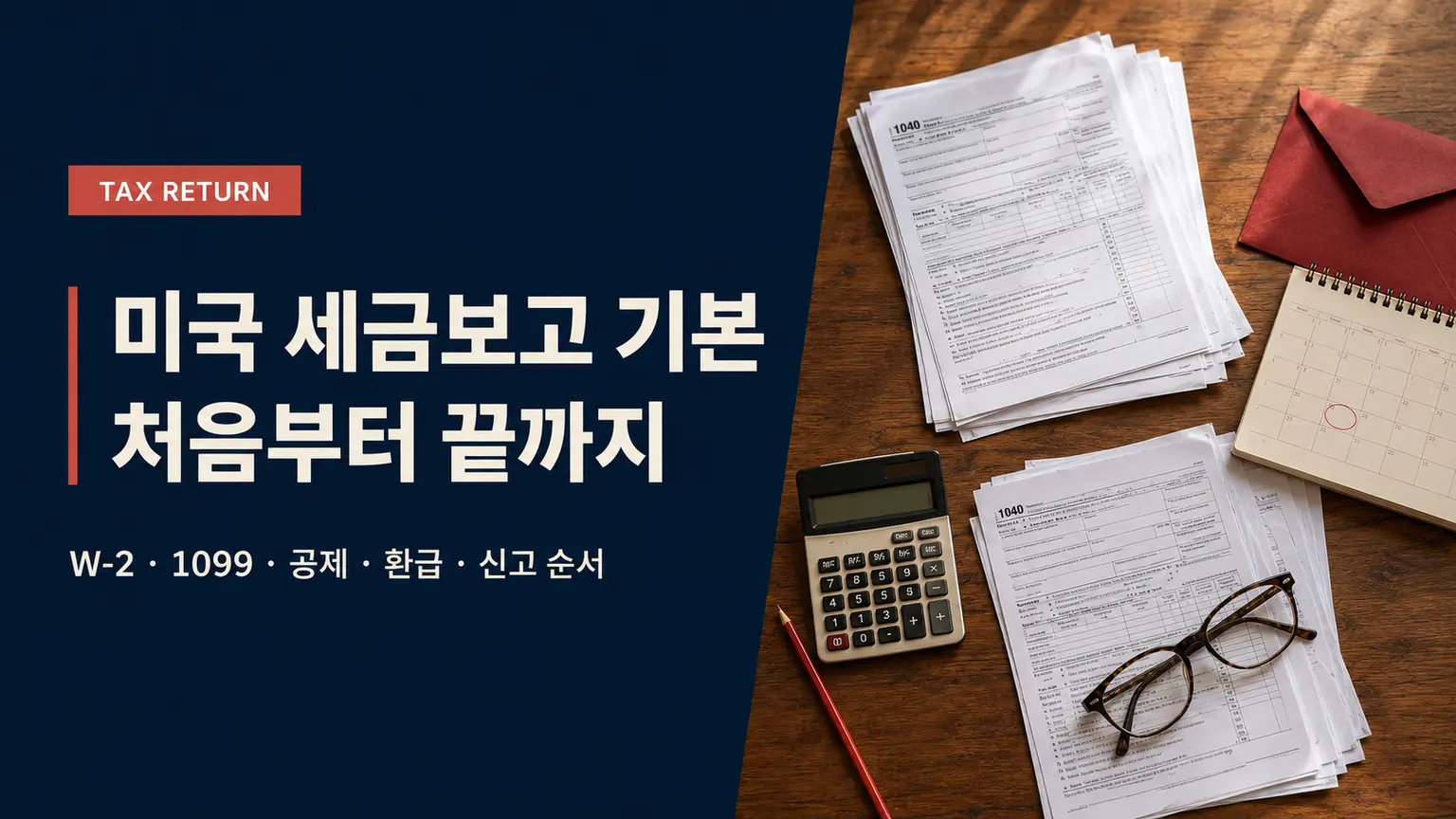 미국 세금보고 준비서류와 신고 순서를 보여주는 세금서류·계산기·달력