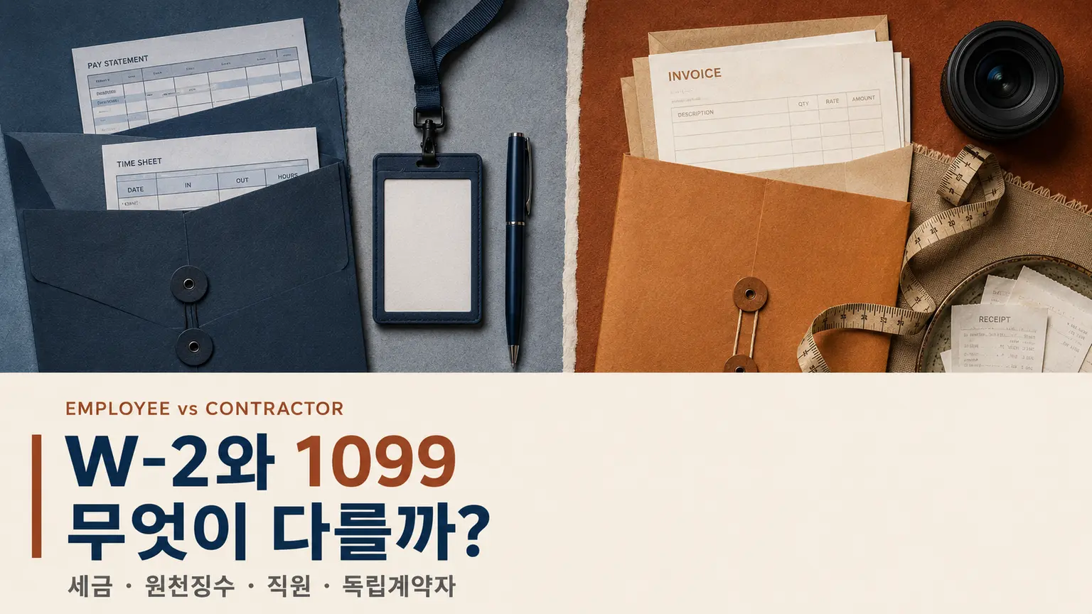 W-2 직원과 1099 독립계약자의 세금 차이를 비교한 파란색·주황색 서류 편집 이미지