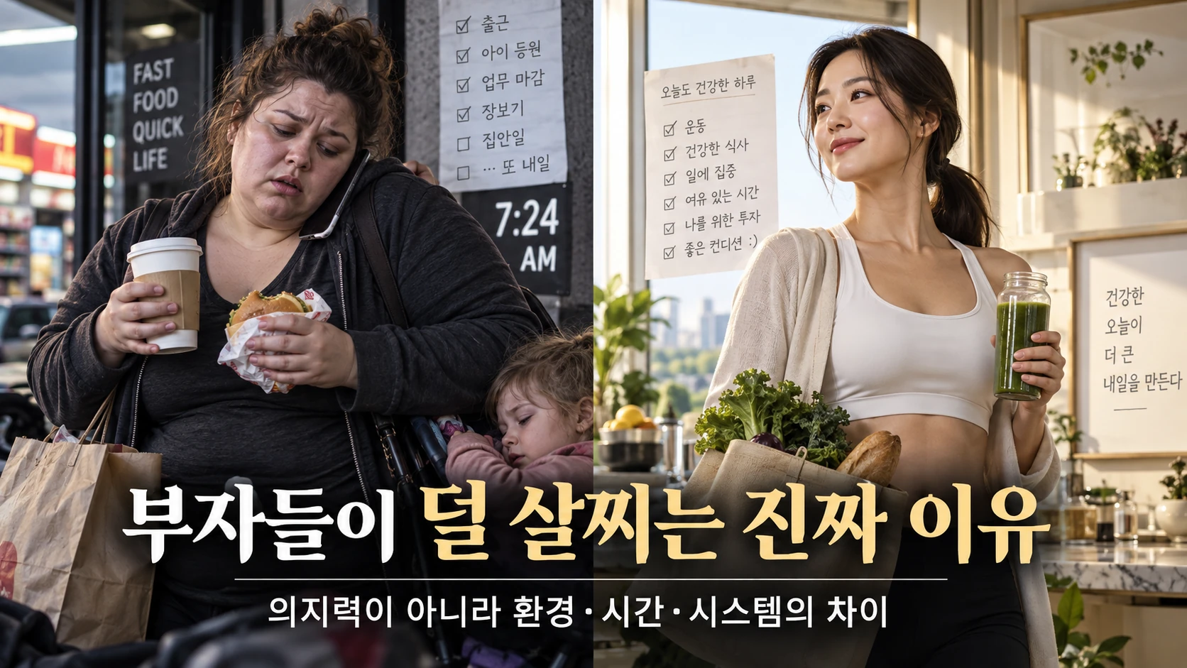 바쁜 등원·식사 장면과 여유 있는 식사 준비 장면을 대비한 AI 생성 이미지. 부자들이 덜 살찌는 진짜 이유라는 문구는 인접 본문에서 한계를 설명한다.