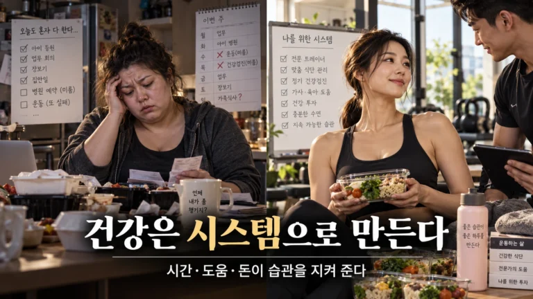 식사 준비와 집안일에 바쁜 여성과 운동·식사 일정을 도움받는 여성을 대비한 개념 이미지. 건강은 시스템으로 만든다.