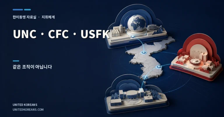 한반도 지도 주변에 서로 분리된 세 지휘 조직을 배치한 UNC CFC USFK 편집 일러스트레이션