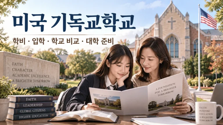 미국 기독교학교 캠퍼스에서 학비와 입학 정보를 살펴보는 한국인 학부모와 학생