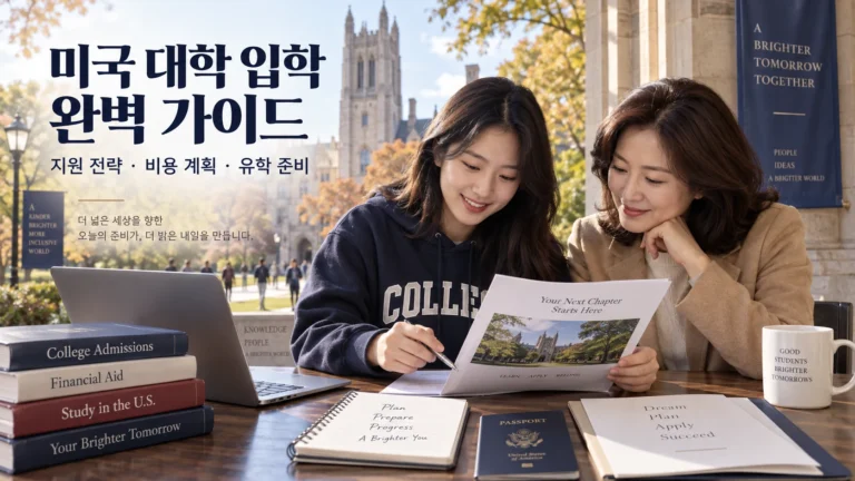 미국 대학 입학을 준비하는 한국인 학생과 학부모가 지원 서류와 유학 계획을 검토하는 모습