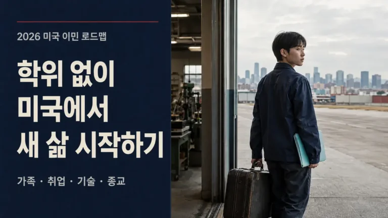 돈과 대학 학위가 부족한 대한민국 청년이 가족초청 EB-3 취업 기술 기업전근 종교 경로로 미국 이민을 준비하는 모습