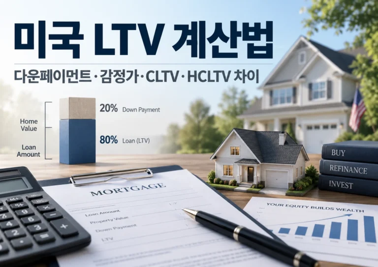 미국 LTV 계산법을 설명하는 주택과 모기지 서류 이미지, 다운페이먼트 20%와 대출 LTV 80% 예시