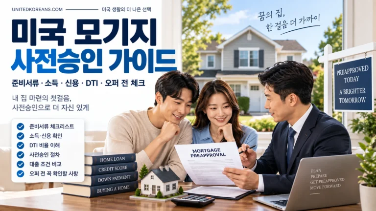미국 모기지 사전승인을 상담받는 한국인 부부와 대출 담당자, 준비서류와 신용·DTI·다운페이먼트 확인을 설명하는 이미지