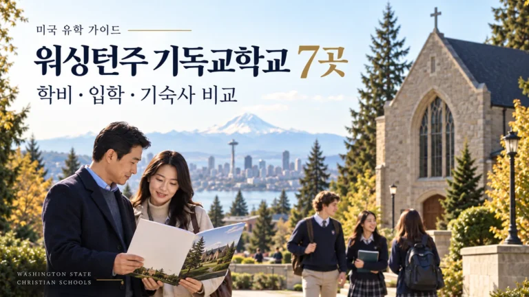 워싱턴주 기독교학교 7곳의 학비·입학·기숙사 비교 표지. 안내서를 보는 학부모와 교정의 학생들을 표현한 이미지.