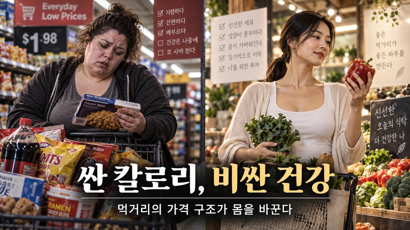 싼 칼로리, 비싼 건강이라는 문구 아래 가공식품 진열대와 채소 매대에서 장보는 가상 여성들을 대비한 AI 생성 이미지.