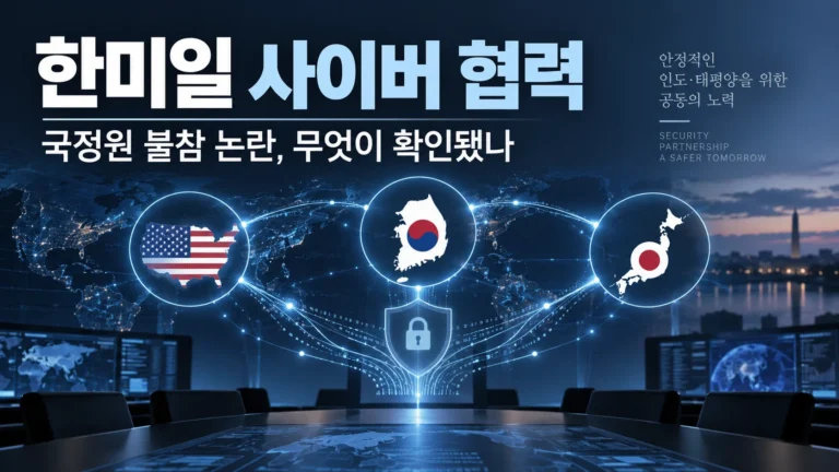 한미일 사이버 협력과 국정원 불참 논란의 확인 사항을 나타낸 편집 이미지
